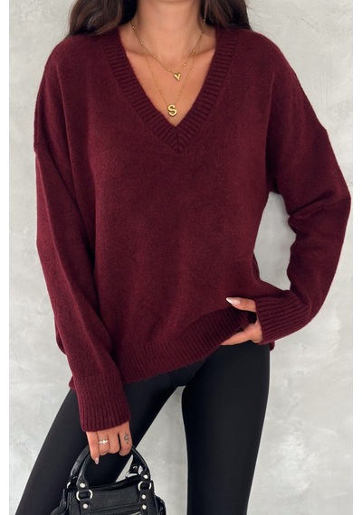 Femelle Kadın Bordo V Yaka Standart Beden Oversize Basic Triko Kazak