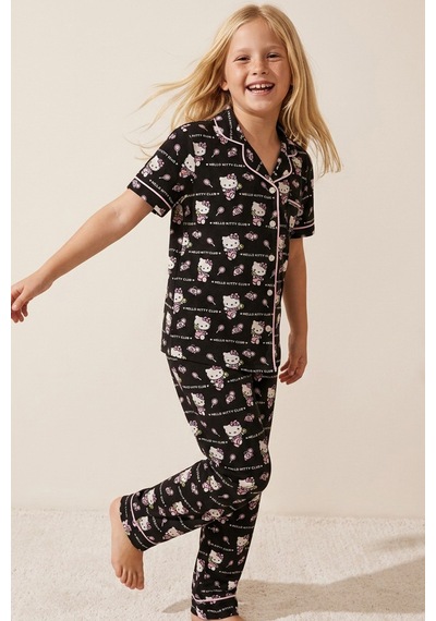 Siyah İnci Hello Kitty Lisanslı %100 Pamuk Pembe Çok Renkli Düğmeli Biyeli Pijama Takım 26120451 Siyah Pembe