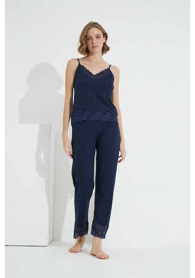 Siyah İnci Pamuklu Ip Askılı Dantelli Pijama Takım 7558 Lacivert