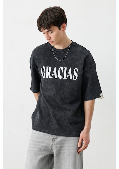 Vamos Oversize Baskılı Tişört V70-143 Siyah