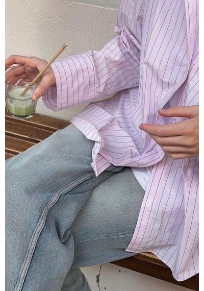 Pembe Çizgili Oversize Kadın Gömlek Mg2732 Pembe