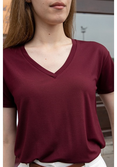 Jument Kadın V Yaka Kısa Kol Likralı Span Kumaş Şık T-shirt Bluz-bordo
