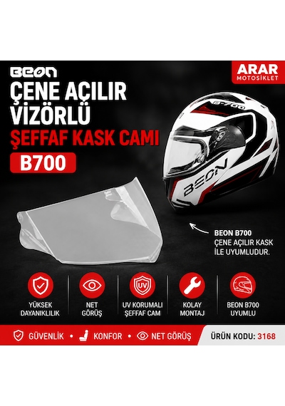 Beon Çene Açılır Vizörlü Şeffaf Kask Camı B700 -3168 Clear (Şeffaf
