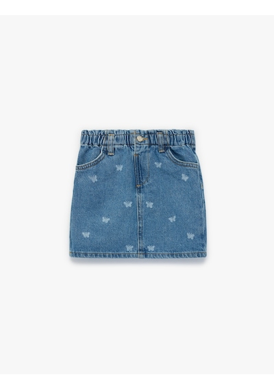 Koton Pamuklu Kelebek Desenli A Kesim Cepli Mini Denim Etek Orta İndigo 6smg70002ad İndigo
