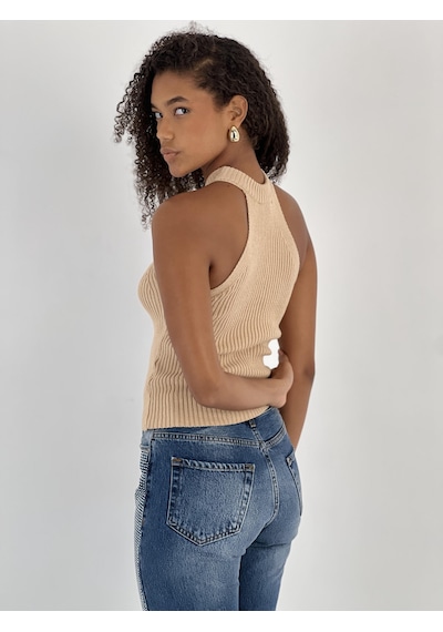 Miss Poem Kadın Boğazlı Yaka Kolsuz Fitilli Bej Crop Triko Bluz Bej