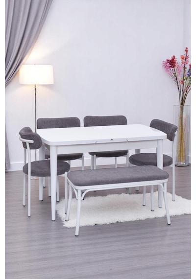 Nehir Alfa Banklı Lak Panel Açılır Mutfak Masa Takımı 75x130cm beyaz