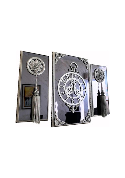 3lü Gümüş Dikdörgen Aynalı Çerçeveli Püsküllü Duvar Saati Takımı, Wall Clock, Hediye, Ms38-1