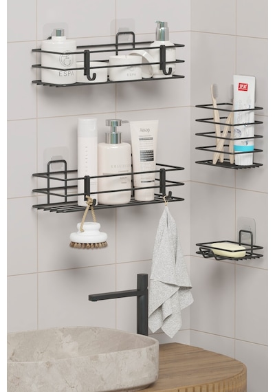 Zabata Yapışkanlı Banyo Seti Duş Rafı + Sabunluk + Diş Fırçalık Metal Set Siyah