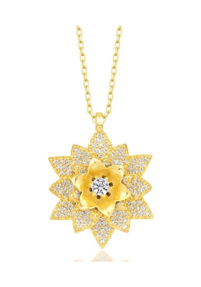 Gümüş Gold Beyaz Taşlı Lotus Çiçeği Kadın Kolye Gümüş