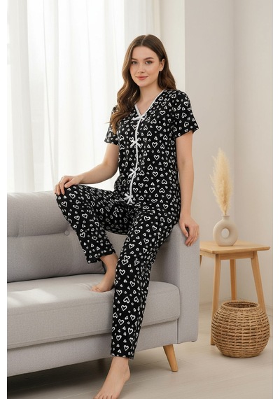 Angbutik Kadın Siyah Desenli Fiyonklu Kısa Kollu Uzun Pijama Takımı