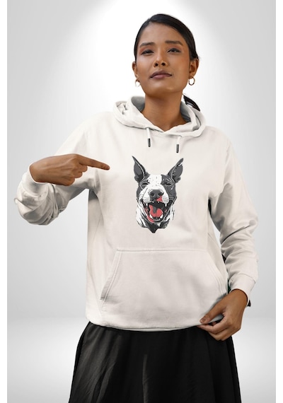 Doberman Kırmızı Dil Siyah Dik Kulak Kadın Erkek Beyaz Kapüşonlu Sweatshirt Hoodie Beyaz