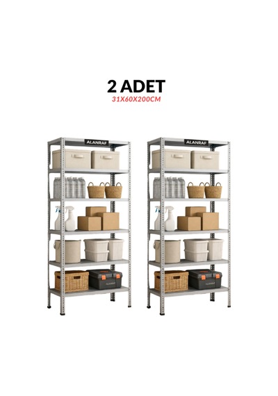 Çelik Raf 6 Katlı 2'li 31x60x200 Raf Sistemi, Depo Rafı, Arşiv Rafı, Kiler Rafı, Çok Amaçlı Raf Gri