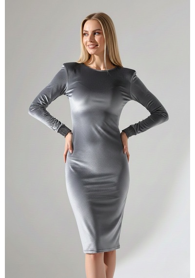 Defymoda Kadın Modern Vatkalı Midi Elbise Gri