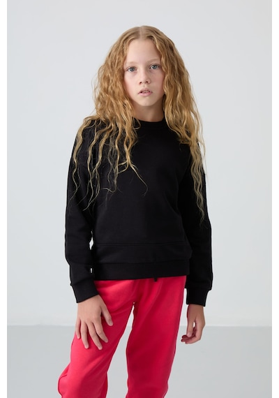 Tommy Life Siyah Pamuklu İçi Tüylü Yumuşak Dokulu Oversize Nakışlı Kız Çocuk Sweatshirt - 75150 Siyah