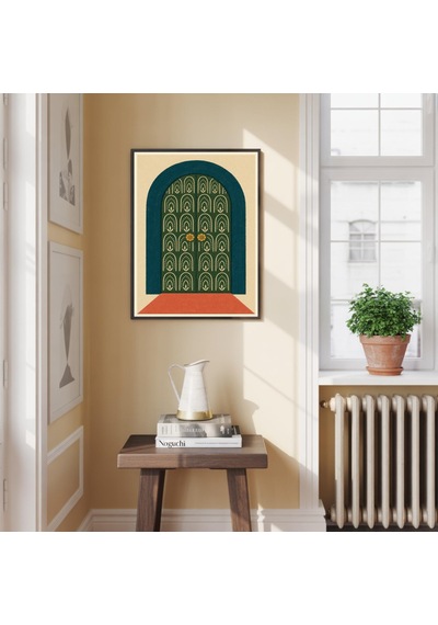 Yeşil Kemerli Kapı Posteri Geometrik Desen İllüstrasyonu Modern Mimari Duvar Sanatı