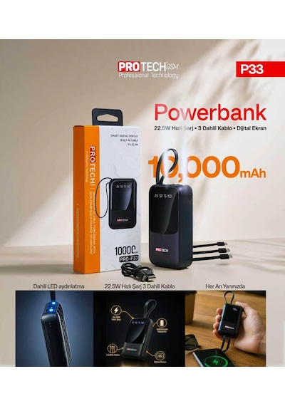 P33 10000 Mah 22.w Hızlı Şarj Powerbank Siyah