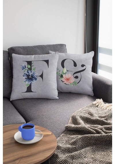 Çift Taraflı Gri F Harfli Yastık Kırlent Kılıfı Krl568n11