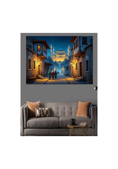 Gece Işıklarıyla Aydınlanmış Eski Sokak Yağlı Boya Dokulu Kanvas Tablo Canvas Tablosu