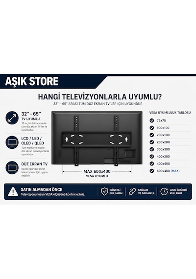 Sabit Tv Askı Aparatı 32-65 İnç Universal Tv Duvar Askısı Vesa 600x400 50 Kg Lcd Led Oled Qled Metal Gövde