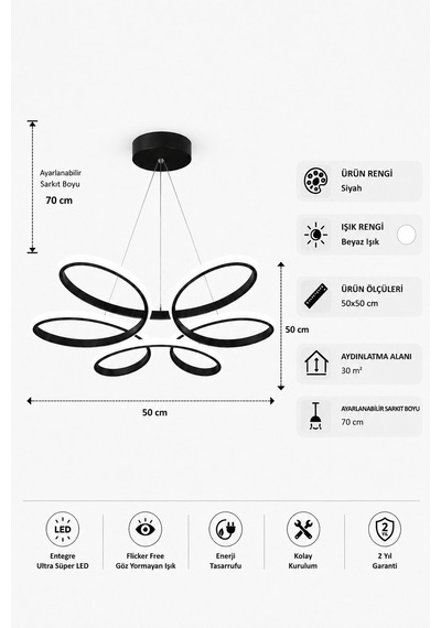 Niva Led Sarkıt Avize Beyaz Işık Siyah