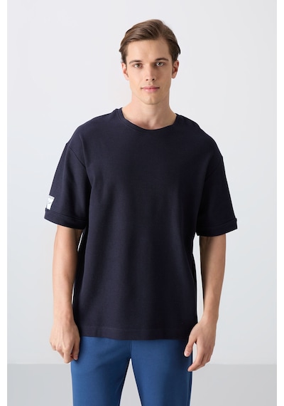 Tommy Life Lacivert Pamuklu Kalın Yüzeyi Dokulu Oversize Fit Basic Erkek T-shirt - 88339 Lacivert
