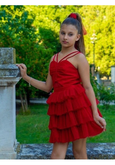 Zekids Kız Çocuk Simli Önü Pencere Detaylı Kısa Kat Kat Tasarım Abiye-15758 Kırmızı