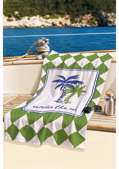 Palmiye Desenli Tropikal Plaj Havlusu - Yeşil Beyaz Modern Marine Hızlı Kuruyan Mikrofiber Havlu Ayaz Akasya