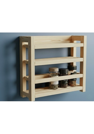 Masif Ham Ahşap 3 Katlı Baharatlık 25x20 Cm - Delme Gerektirmeyen Çift Taraflı Bantlı Mutfak Rafı Diğer