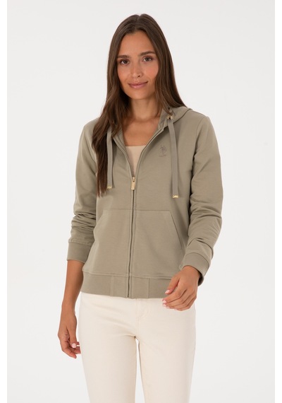 U.S. Polo Assn. Kadın Açık Haki Fermuarlı Kapüşonlu Sweatshırt 50313594-VR183