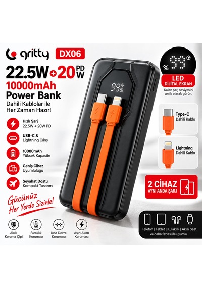Dx06 10000mah 22.5w + 20w Pd Hızlı Şarj Powerbank Siyah