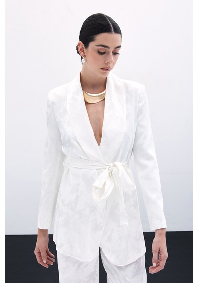 Sateen Bağlamalı Jakarlı Ceket - Ekru-135781 Ekru