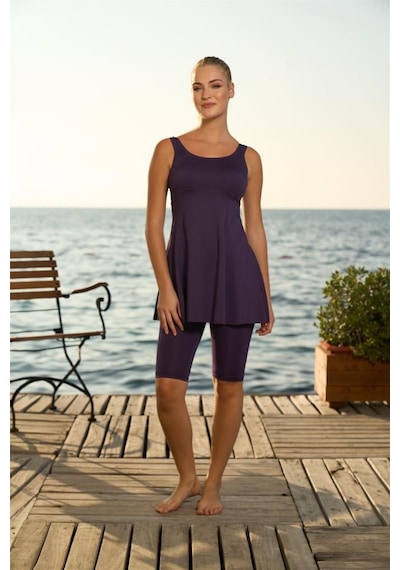 Estiva Düz Likralı Askılı Taytlı Elbise Mayo Mor