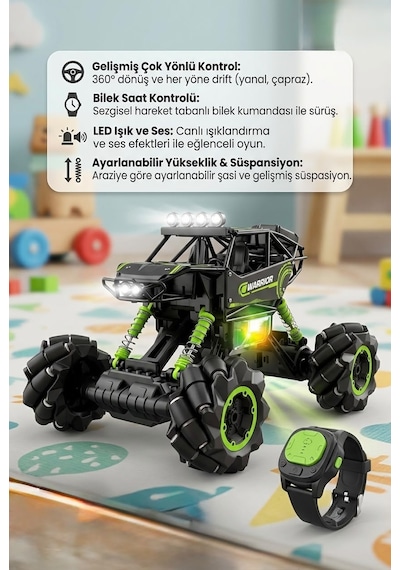 37 cm Dev Boy 4x4 Off Road Arazi Arabası Şarjlı Uzaktan ve Bilekten Kumandalı 360° Işıklı Müzikli