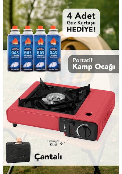 Portatif Kamp Ocağı - Taşıma Çantalı Gazlı Stop Emniyetli Kırmızı Kamp Ocağı Ve 4 Adet 227 Gr Kartuş Kırmızı