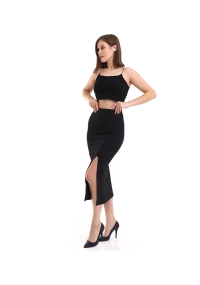 Winmoda34 Kadın Siyah Renk Dalgıç Kumaş Yandan Derin Yırtmaçlı Etek Siyah