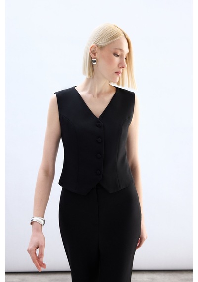 Sateen Klasik Kısa Yelek - Siyah-136835 Siyah