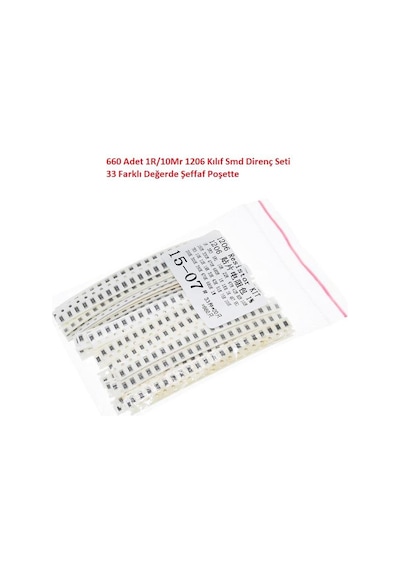 660 Adet 1r/1mr 1206 Kılıf Smd Direnç Seti %1 33 Farklı Değerde Şeffaf Poşette