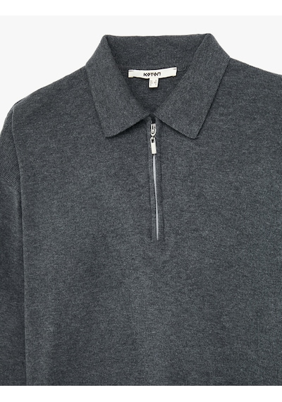 Koton Fermuarlı Polo Yaka Uzun Kollu Oversize Kazak Gri 6wak90260ht Gri