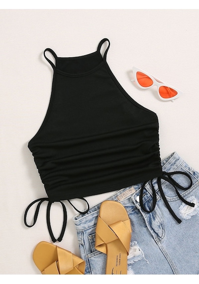 Liona Askılı Halter Yaka Yüzücü Sırtlı Yanları İpli Siyah Renk Fitilli Crop Top Bluz