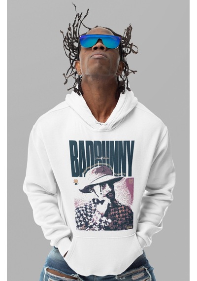 Badbunny Rapper Baskılı Unisex Oversize Şarkıcı Hoodie beyaz