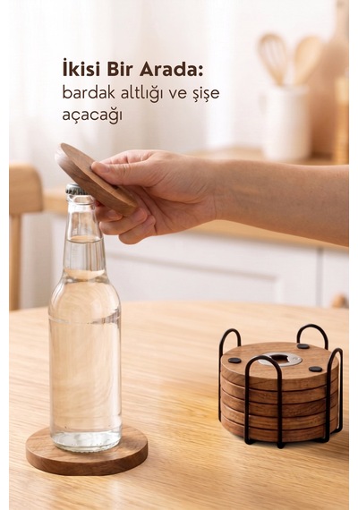 Ahşap Bardak Altlığı 6'lı Set Ahşap Şişe Açacaklı Stantlı Bardak Altlığı Sunum Seti Bardakaltligi, One Size