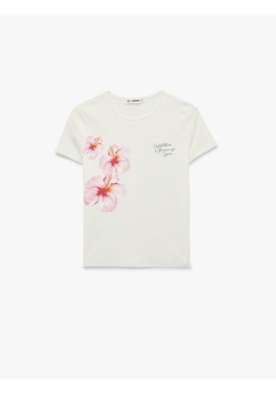Koton Slim Fit Kısa Kollu Bisiklet Yaka Pamuklu Hibiskus Baskılı Tişört Ekru 6sal10740ık