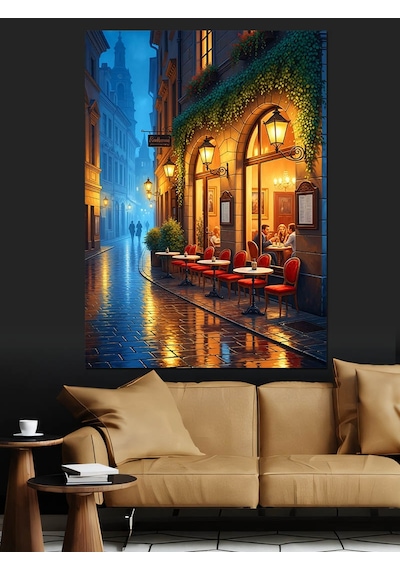 Ahşap Tablo Yağmurlu Sokak Kafe Işıkları