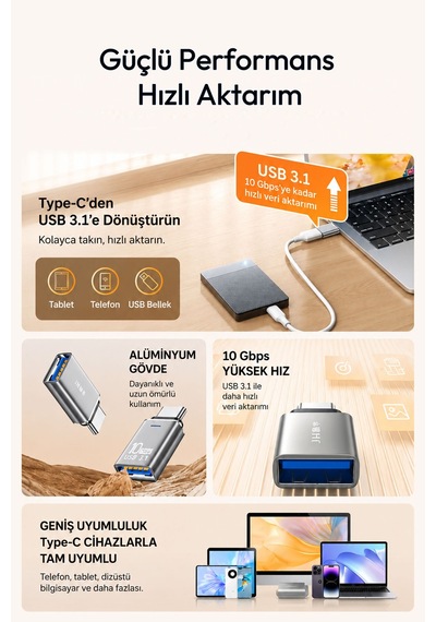 Type-c - Usb 3.1 Otg Dönüştürücü Adaptör, Usb-c Erkek Usb-a Dişi Çevirici, 10gbps Hızlı Veri Aktarımı, Harici Disk Klavye Mouse Hub Uyumlu, Alüminyum Gövde S602