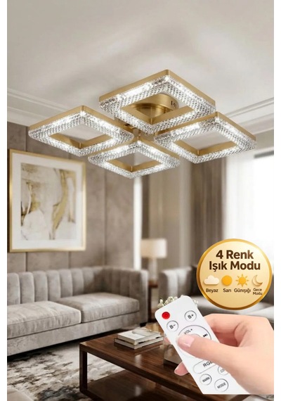 LumiaLighting Yakamoz Model Gold Kumandalı 4"lü Ledli 3 Renk Modu Kristal Salon Mutfak Yatak Çocuk Odası Avize Altın