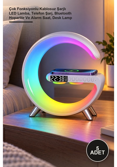 5 Adet Masa Lambası Çok Fonksiyonlu Kablosuz Şarjlı Led Lamba, Telefon Şarj, Bluetooth Hoparlör Ve Alarm Saat, Desk Lamp Saati