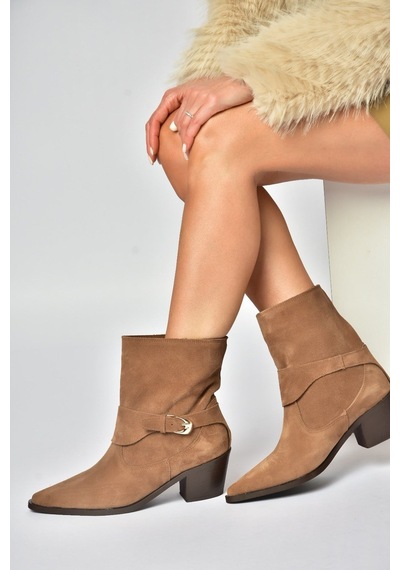 Fox Shoes Z654037761 Vizon Hakiki Deri Süet Alçak Topuklu Western Kadın Bot