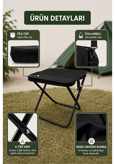 Kamp Taburesi Çantalı Katlanır Taşınabilir Hafif Dayanıklı Kaymaz Ayaklı Outdoor Oturma Sandalyesi Siyah