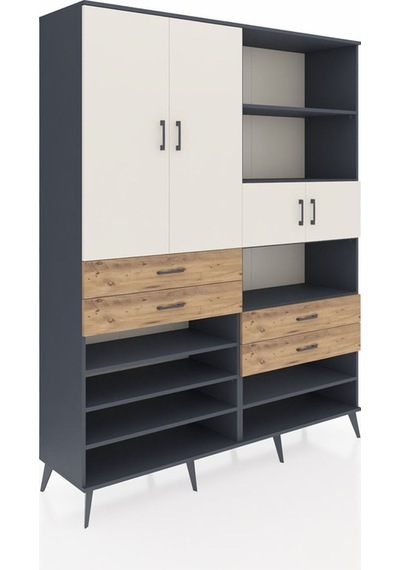 Hyperion Gardrop 11 Raflı 4 Çekmeceli 4 Kapaklı 176x44x221 Antrasit-aytaşı/çam Aytaşı/çam
