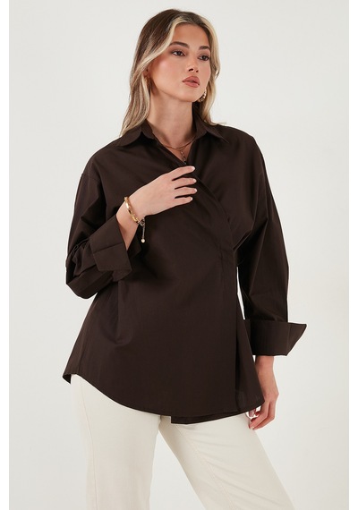 Lela Regular Fit Klasik Yaka Bağlamalı Uzun Kollu Bayan Gömlek 6834987 Kahve
